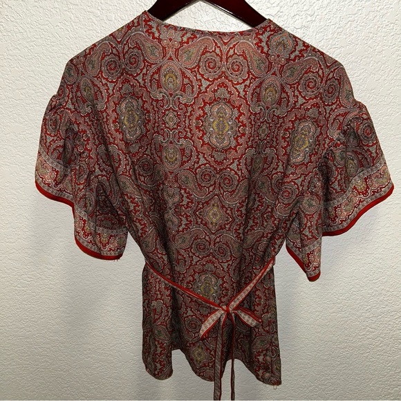 Max Studio Red and Brown Flutter Sleeve Wrap Blouse - Picture 4 of 8
